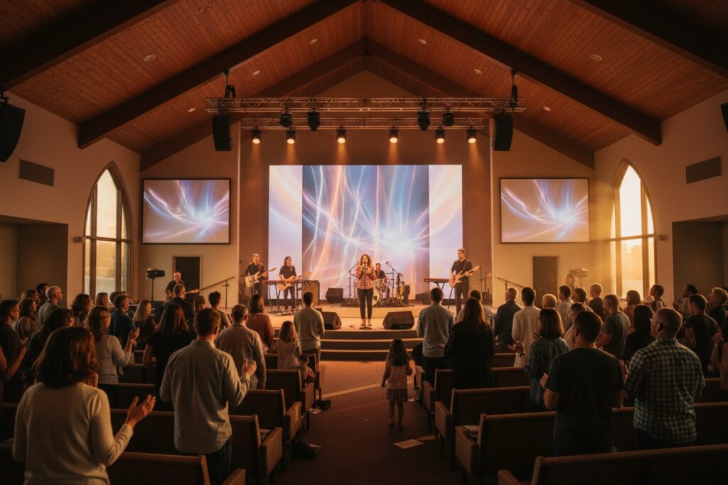 A worship band performs on a stage in front of a congregation in a church with high wooden ceilings and large screens displaying abstract light patterns.