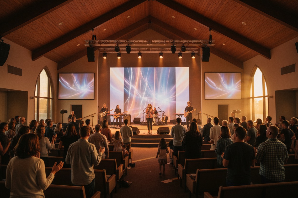 A worship band performs on a stage in front of a congregation in a church with high wooden ceilings and large screens displaying abstract light patterns.